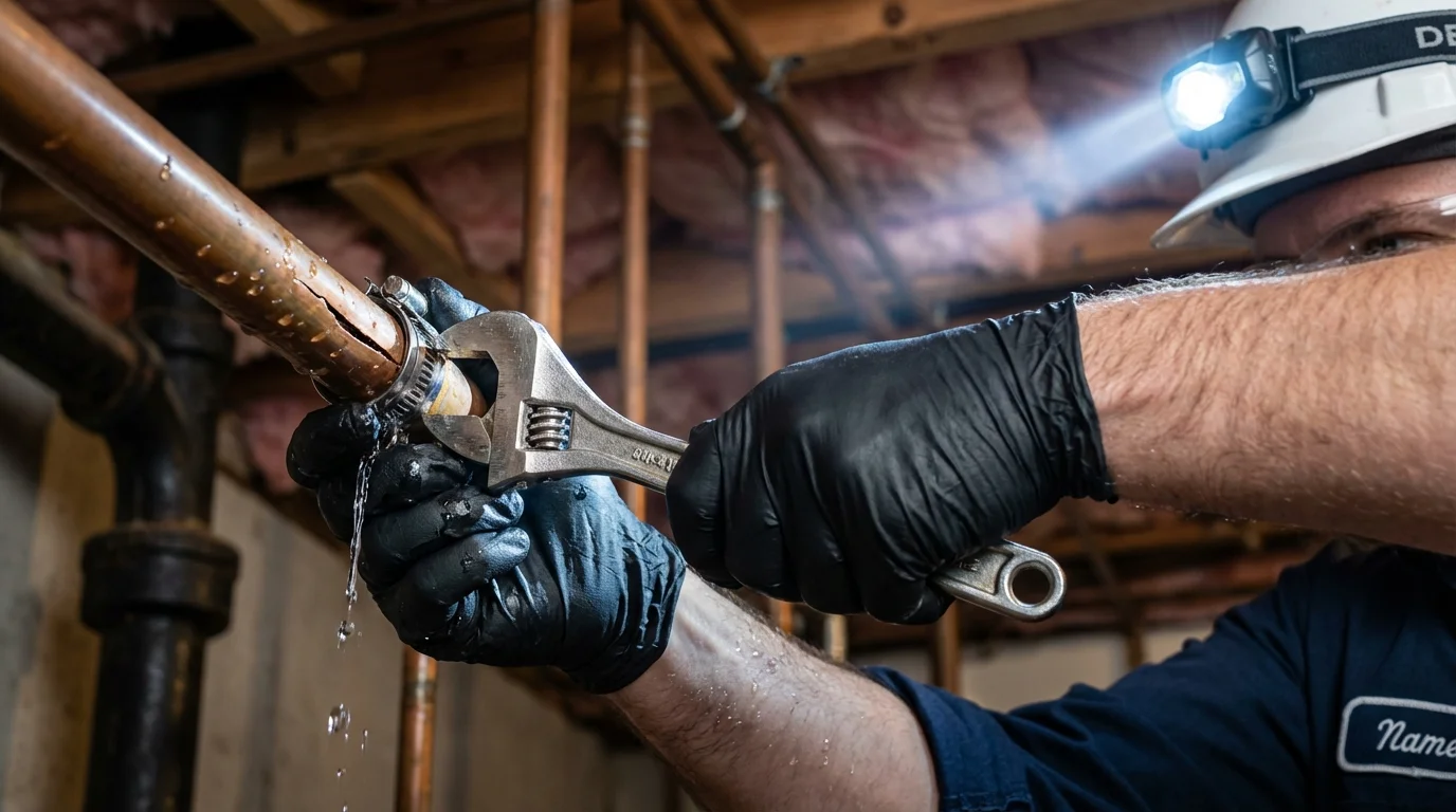 Emergency pipe clamp repair being performed by a Johns Plumbing LLC plumber in Mineral Wells