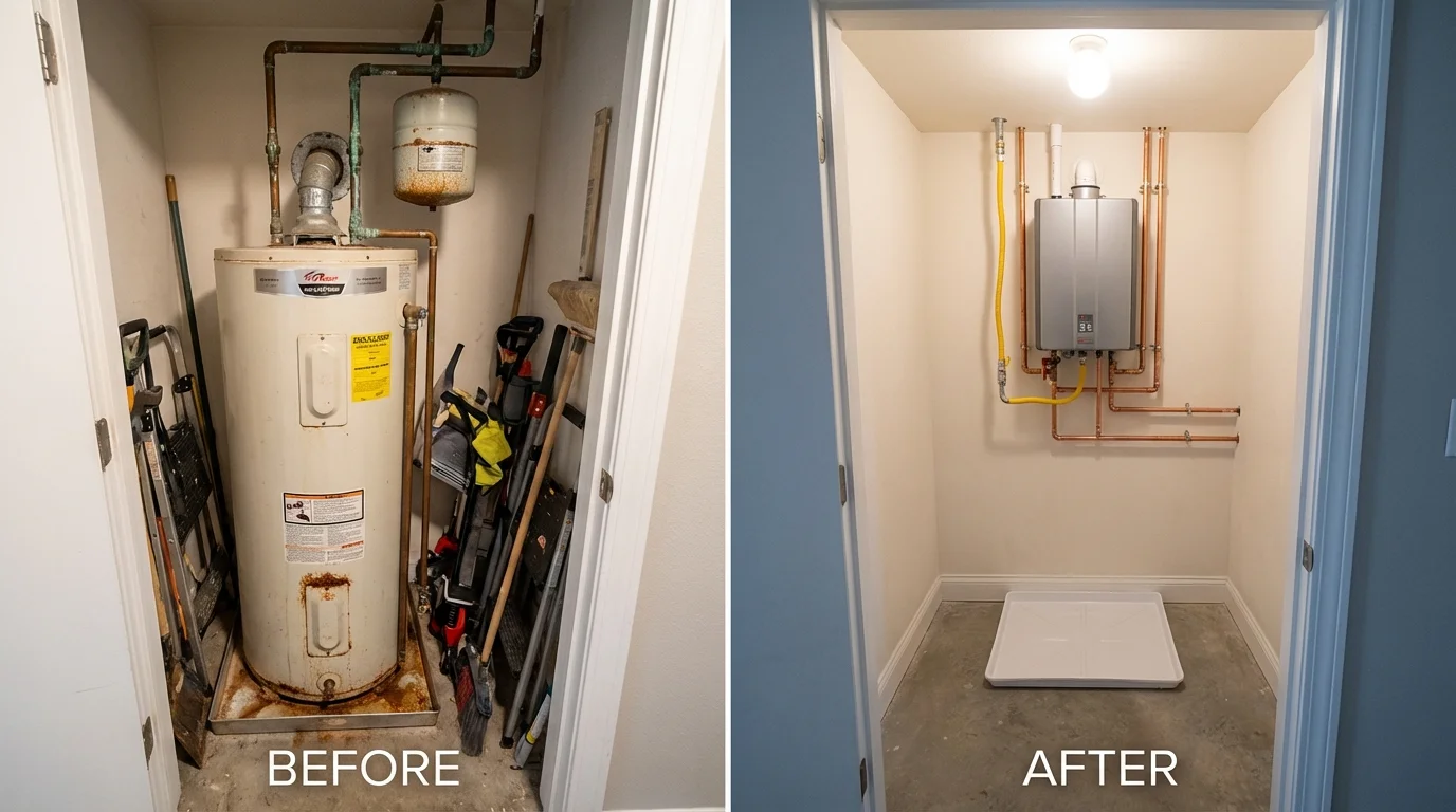 Tank water heater versus wall-mounted tankless unit comparison for Mineral Wells, WV homeowners