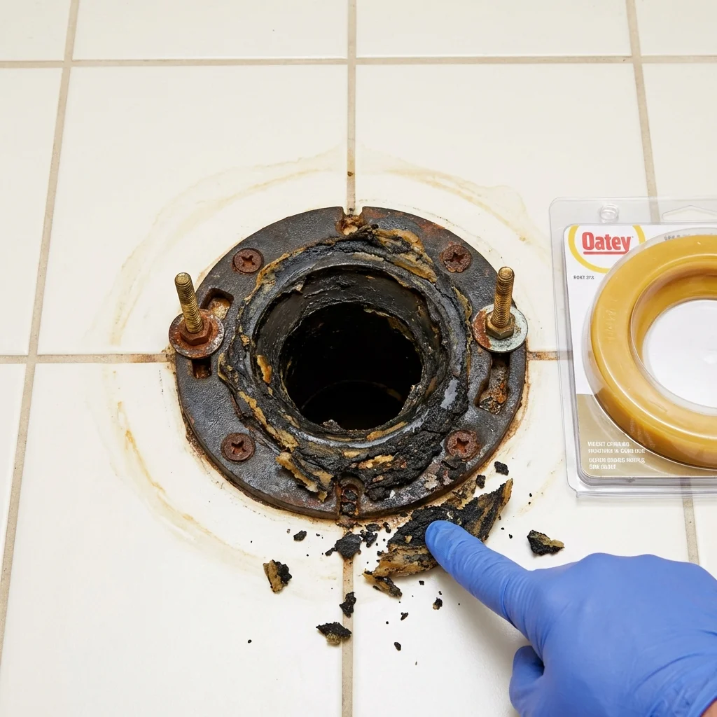 Failed wax ring showing water seepage at the base of a toilet in a Mineral Wells, WV home