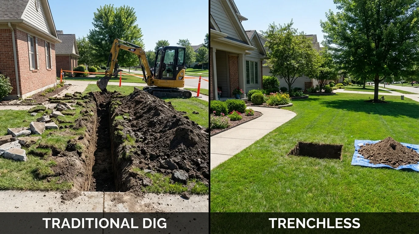 Trenchless sewer repair with minimal yard damage versus traditional excavation in Mineral Wells, WV