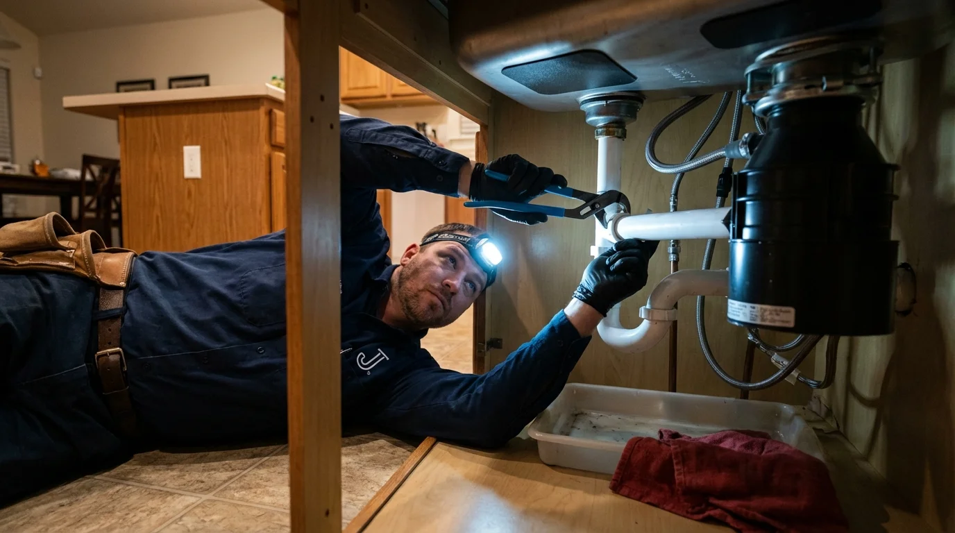 P-trap and supply line connections under a kitchen sink showing a common leak point in Mineral Wells, WV